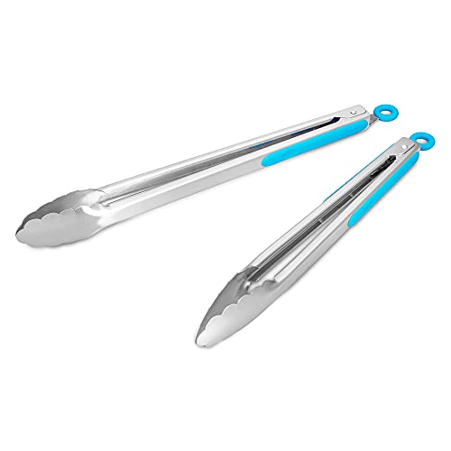 304 Stainless Steel Kitchen Cooking Tongs, 12' and 14' Set of 2 Sturdy Grilling Barbeque Brushed Locking Food Tongs with Ergonomic Grip, Blue