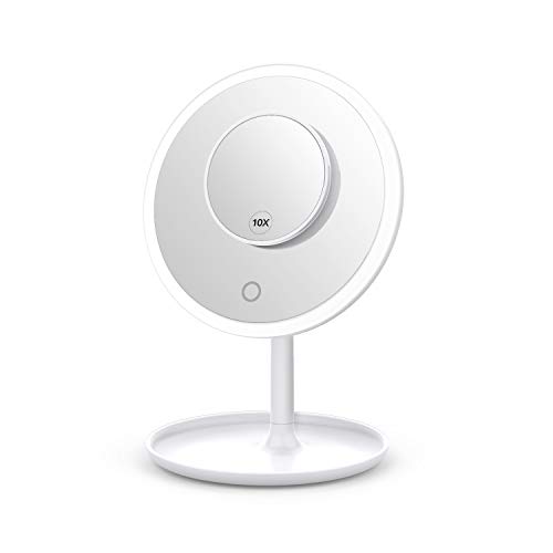 Espejo Maquillaje LED VOXON, Espejo de Mesa Recargable con Aumento 1x / 10x, Atenuación de Pantalla Táctil, Rotación Ajustable de 45° para Maquillaje, Afeitado y Cuidado Facial, Blanco