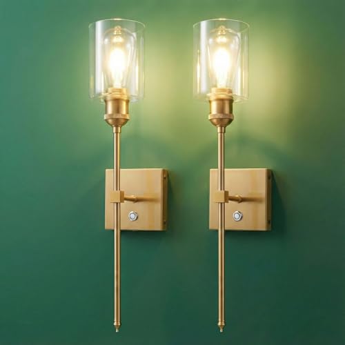 Image of Neoglint Battery Operated Wall Sconces Set of 2, 5000mAh Rechargeable Wireless Wall Lights, Satin Brass Gold with Glass Shade, Dimmable Touch Control Non-Hardwired Lamps for Bedroom Living Room