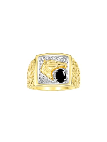 Image of Rylos Men's Yellow Gold-Plated Sterling Silver Lucky Nugget Horse Head Ring with 6X4MM Gemstone and Diamonds - Birthstone Elegance for Men, Sizes 8-13 Available