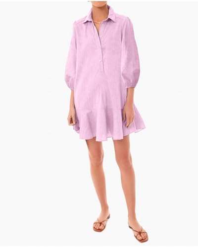 Image of YEXPINE Women Button Down Dress Casual 3 /4 Puff Sleeve Cotton Linen Dress Flowy Ruffle Hem Tunic Shirt Dresses