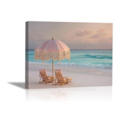 Cuadro de paisaje de playa con paraguas rosa enmarcado para decorar tu salón moderno