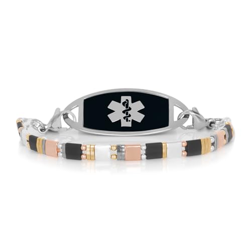 Lauren's Hope Beaded Stretch Medical ID Bracelet in Mixed Metal Tone, Rose Gold, Gold and Silver, Custom Engraved Medical ID Bracelets for Women