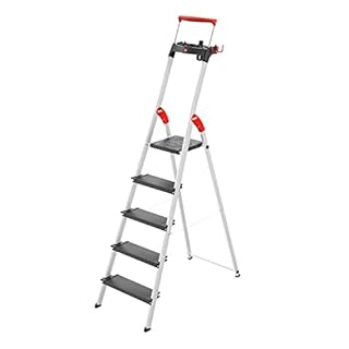 Hailo L100 TopLine | Aluminum folding stepladder | Five steps | Extendable safety rail | Integrated multifunctional storage tray | Folding safety mechanism with platform locking | Item holding options (B08GDXX8TT)