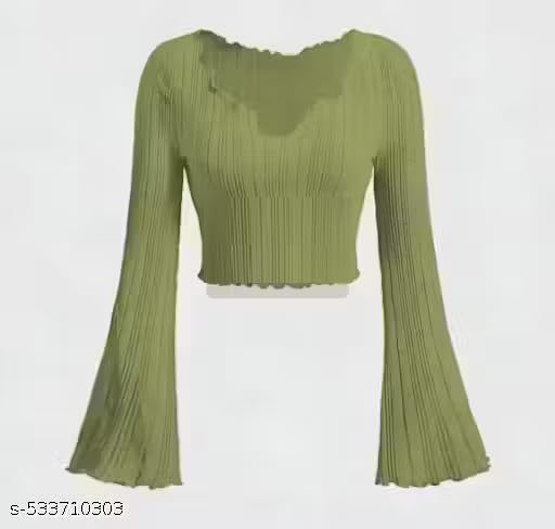 Image of V-Neck Notched Flared Sleeve Top for Women | Stylish Polyester Long Sleeve Blouse for Casual Wear 450