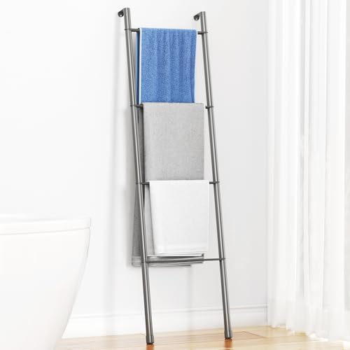 Portasciugamani in metallo grigio - scaletta portasciugamani per bagno decorativo, soggiorno, cucina, supporto per asciugamani, coperte, trapunte (4 ripiani, grigio)