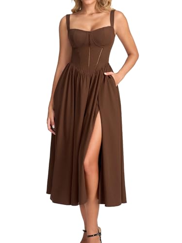 KUTUMAI Floral Corset Midi Dress Flowy Slit Summer Spring Wedding