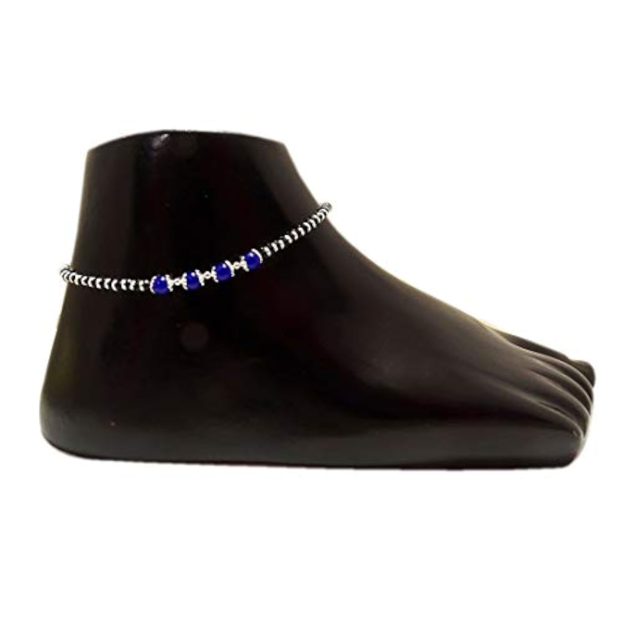 Stylish Nazariya Anklet with Blue Beads & Silver Flower Caps
