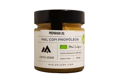 Miel ecológica con propóleos. Miel de Abeja 100% Natural. Producto Artesano de Cosecha Propia. Origen: El Bierzo. Miel con propoleo 300 grs. Sabor intenso y persistente de miel de bosque con propóleo.