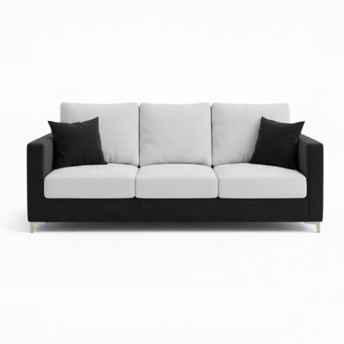 Image of Hayes Rich 4 Seater L Shape Sofa Set with Movable Ottomans | Flexible Layout | Velvet Suede Fabric | Golden Aesthetic Legs | Dual Tone Modern Sofa for Living Room (Black-Light Grey)