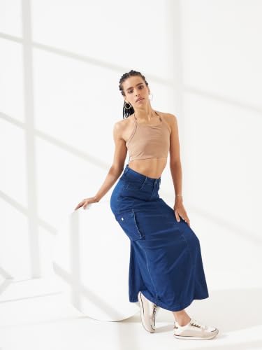 Image of Dolce Crudo Women's Flared High-Rise Stretchable Denim Maxi Skirt