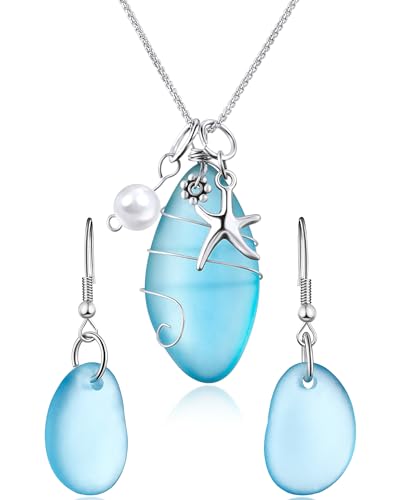 Yinkin 2 Pcs Sea Glass Necklace Beach Themed Necklace Sea Glass Earrings Set Starfish Ocean Blue Freshwater Pearls Earring Handmade Jewelry with Gift Box Gifts for Women Girls Beach Lovers