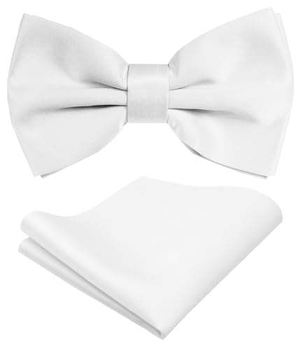 trilece Mens Solid Color Formal Pre Tied Bow Ties and Pocket Square Sets - Mens Bowties Bow Tie Sets (White Set)