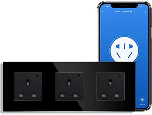 BSEED WiFi Smart Socket Double Pole Alexa Switched Socket Indicator On/Off Switch Button 157mm Termpered Glass Panel 2 Gang 1 Way Alexa/Google/Echo Dot Embedded Wall Outlet White