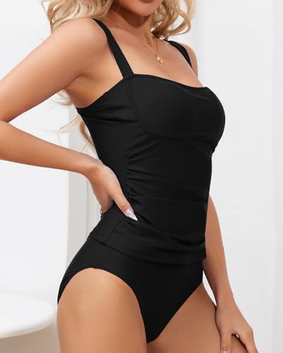 Women's Two Piece Tankini Bandeau Swimsuit Ruched Tummy Control Bathing Suit Adjustable Straps Swimwear with Bottom2