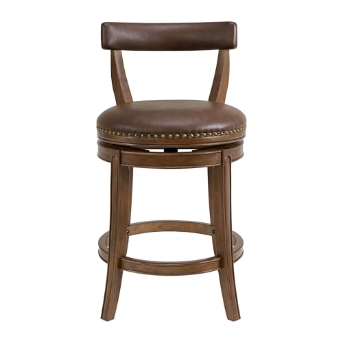 Image of ROME + OAK Ruxban 26 inch Counter Stool, Set of 3 Low Back Swivel Barstools in Walnut Finish with Saddle Brown Vegan Leather Seat - Indoor Home Furniture