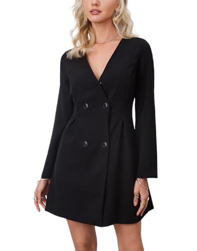 HYPERFIRE Women's V Neck Button up Dress Long Sleeve Classy A Line Short Dresses Work Office