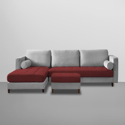 Image of Lezra LHS 4 Seater L Shape Sofa Set with Center Table for Living Room (Maroon Grey Fabric) Premium Fabric Sofa