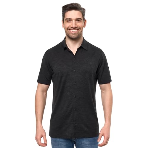 Merino Wool Shirts for Men - 100% Merino Wool Button Up Shirt Men Long and Short Sleeve Lightweight Breathable (Medium Charcoal Short Sleeve)