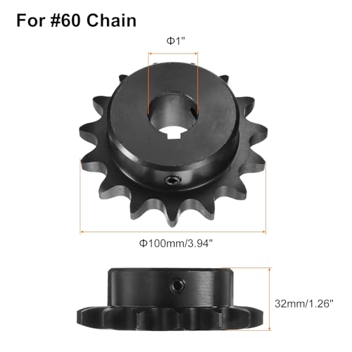 Image of uxcell #60 Chain Roller Sprocket B Type, 1 inch Bore 15 Tooth Single Strand Chain Sprocket, Carbon Steel, Keyway with Set Screws