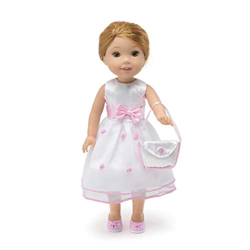 14 Inch Doll Clothes - Fancy Flower Dress with Matching Pink Dress Shoes and Purse - Fits American Girl Wellie Wishers Dolls
