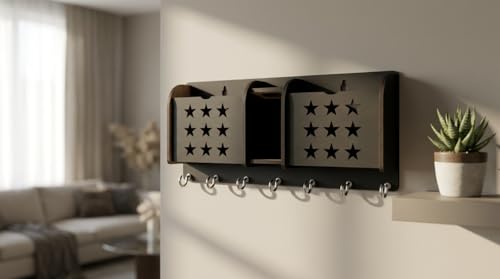 Image of Wall Mount Key Holder & Mail Organizer | Laser-Cut Key Hanger with 7 Metal Hooks, Letter Rack & Pen Stand | Wooden Wall Decor for Entryway, Living Room, Home & Office (Star)