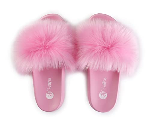 Image of Women's Faux Fur Slides, Open Toe Cute Fur Slippers, Indoor or Outdoor Comfortable Furry Slide Sandals With Fluffy Fur