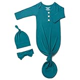 Newborn Baby Knotted Gown Extra Long, Super Soft Silky Infant Long Sleeve Sleeper with Tie Bottom, Baby Girl and Boy Sleep Gown with Mittens, Bow, and Hat Set Blue Green