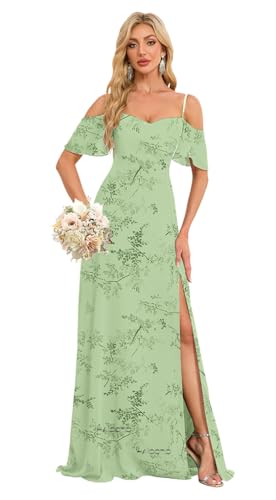 Image of A Line Chiffon Bridesmaid Dress with Slit Sage Fern Floral Wedding Guest Dresses for Women US12 HGR93