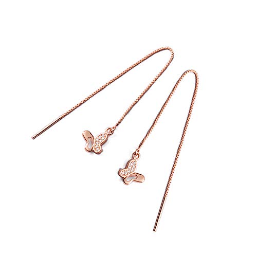 CZ Butterfly Threader Drop Earrings 925 Sterling Silver for Women Girls Dainty Crystal Diamond Rose Gold Dangle Charm Long Tassel Chain Earring Delicate Jewelry Birthday Gifts (Rose Gold)