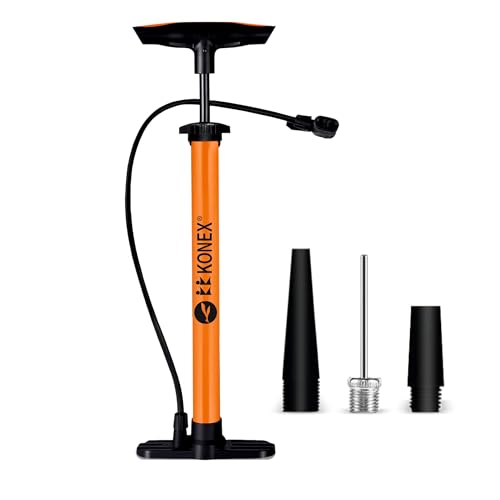 Konex Portable Floor Pump with Needle & Dual Valve | Ergonomic Grip with Sturdy Base | Ideal for Inflating Cycle Tyres Sports Balls Swimming Rings Balloons (Orange)