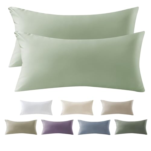 SOULFUL Satin Kissenbezug 40x80 Baumwolle,Kissenbezüge 2 Teilig mit Reißverschluss,ÖkoTex Zertifiziert, Weich und Bequem, SalbeiGrün
