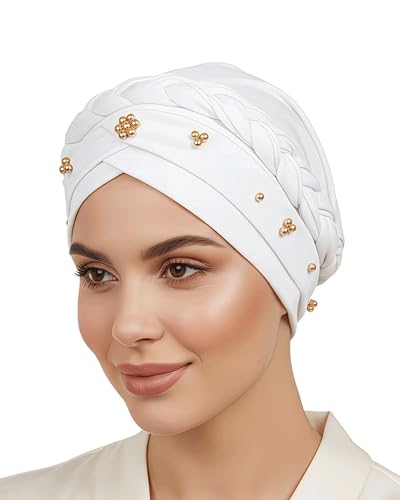 African Women Turban Cap Twisted Beaded Braid Head Wraps Pre-Tied Chemo Headscarf for Cancer Hair Cover hats (White)