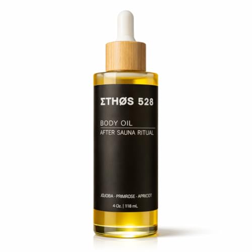 ETHØS 528 After Sauna Body Oil – Organic Jojoba, Apricot & Evening Primrose | Lightweight Nourishing Luxury Body Oil with Bergamot & Cedarwood | Vegan, Paraben Free for Sauna Recovery Ritual