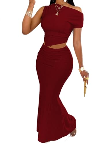 Image of BARASA Two Piece Sets For Women Summer One Shoulder Tops Bodycon Maxi Skirt Set Vacation Sexy Outfits DSA75