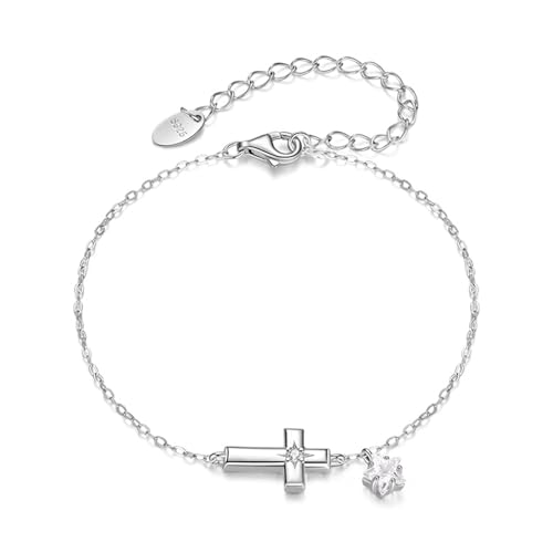 Générique bracelet en argent femme Bracelet croix étoilée en argent sterling plaqué or blanc for femme, bijou de fête raffiné