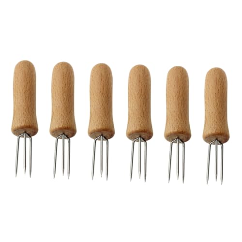IWOWHERO 6Pcs Stainless Steel Holders with Wooden Handles Ergonomic Grilling Forks for Bbq Durable Fruit Forks for Home Cooking and Outdoor Barbecues