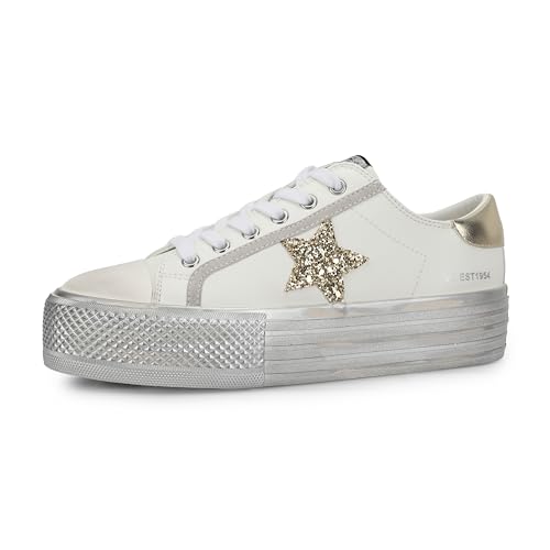 VINTAGE HAVANA Women’s Amaze 9 Platform Sneakers White Gold Glitter