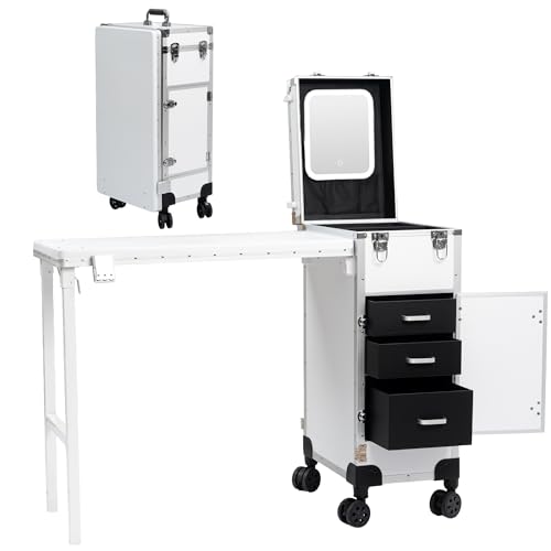 Image of Portable Manicure Table with 3 Drawers, Rolling Foldable Nail Desk with Detachable Mirror, Professional Makeup Train Case with Wheels and TSA Lock for Nail Techs & Salon Use