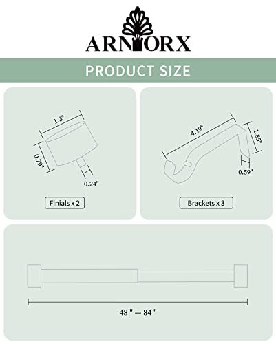 Arnorx Curtain Rods For Windows 48 To 84 Inch, 1 Inch Heavy Duty Telescoping Steel Drapery Pole, Matching With Metal Cap Finals, Matte Brushed Nickel #TOP2
