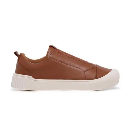 Tênis feminino casual slip on calce fácil em couro Via Madamah (Caramelo, BR, Adulto, Numérico, 38)