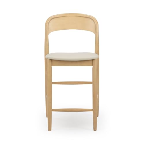 Image of Plank+Beam Loar Upholstered Counter Stool, Solid Rubberwood, Mid-Century Modern Kitchen Bar Chair, Curved Back, Low-VOC Finish, Counter Height Seating, Blonde /Sesame