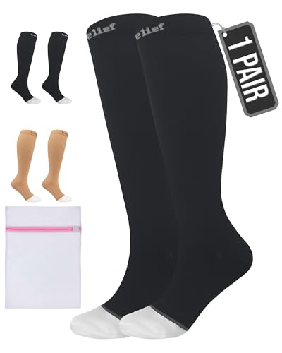 360 RELIEF Compression Socks for Women & Men - Open Toe Graduated Compression Stockings, Flight Socks, Running, Nurses, Maternity, Pregnancy + Laundry Bag