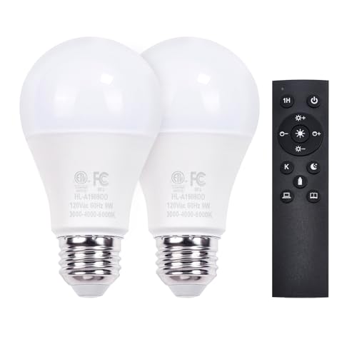 Gupuzm A19 LED Remote Control Bulbs 800LM 9W Equivalent to 60W Bulbs Dimmable Bulb with Remote Control 3000K-6000K E26 Base CRI 80+ 2.4GHz Lifespan Over 25 000 Hours (9W-1 Remote-2 Bulb)