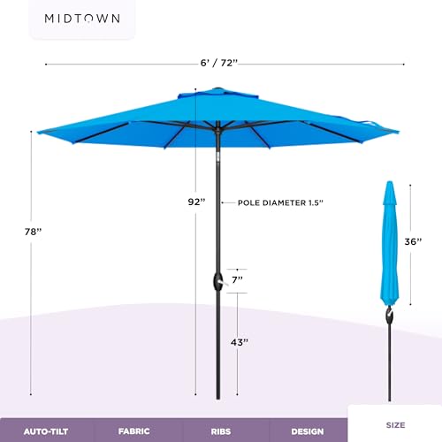 Image of Midtown Umbrellas - 10-Year-No-Fade 6 Ft Patio Umbrella with Terylast Fabric, Auto-Tilt Aluminum Frame and 8 Reinforced Ribs for Deck, Pool, Garden & Beach - Cobalt Blue Canopy, Black Pole