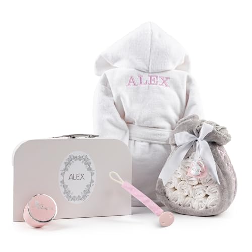 Tarta de Pañales con Albornoz + Maletita + Manta Polar y Chupete Personalizado + Chupetero de Tela + 15 Pañales Moltex | Regalo Recién Nacido Baby Shower Nacimiento (Rosa) | BebeDeParis