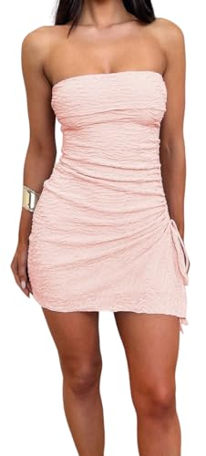 Women's Strapless Ruched Drawstring Slit Mini Dress Solid Color Bodycon Tube Dress for Party & Night Out