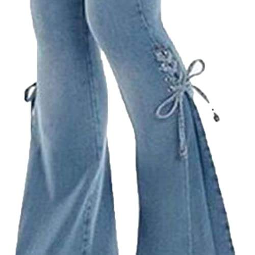 DGHM-JLMY Women's Mid Waist Tie Stretch Denim Flared Pants Pull-On Stretch Bootcut Slim Lace-up Bell Bottom Wide Leg Jean3