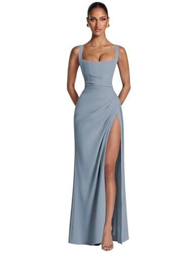Djqpi Mermaid Bridesmaid Dress for Wedding Corset Ruched Square Neck Formal Evening Party Gowns Dusty Blue Size 6