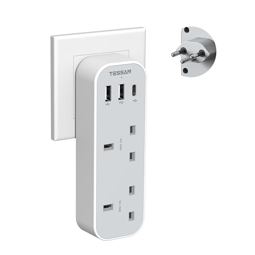 UK to Switzerland Plug Adapter, TESSAN Swiss Plug Adapter with 3 USB Ports (1 USB C)
